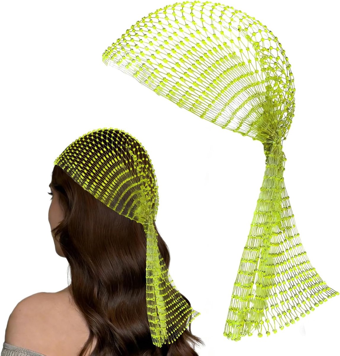 Elastische chainmail mesh haarjuweel met strass, opengewerkt patroon voor jaren 1920 disco kostuum, Neon groen, perfect voor feesten en evenementen