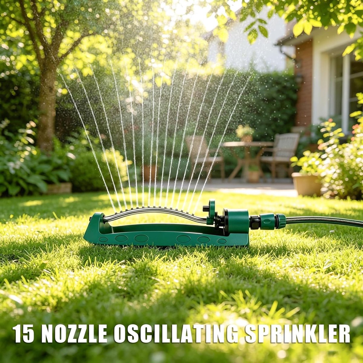 Verstelbare oscillatiesproeier voor de tuin met 15 sproeikoppen en geïntegreerd metalen filter voor oppervlakte-irrigatie en optimale waterverdeling