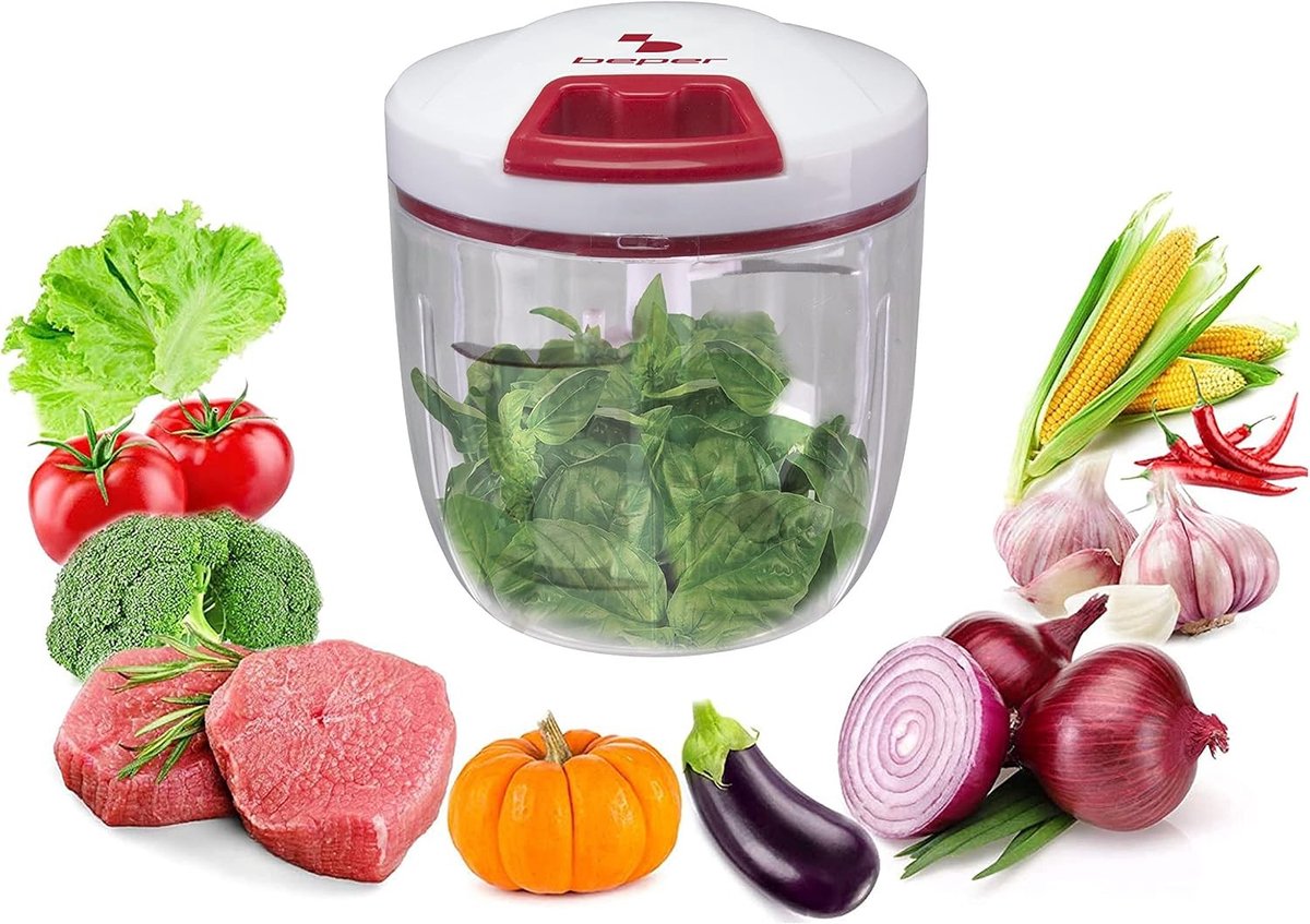 Eiersnijder hakmolen - Wit/Rood - 1000 ml - ABS Reservoir met 5 Stalen Messen - Handmatige Hakmolen