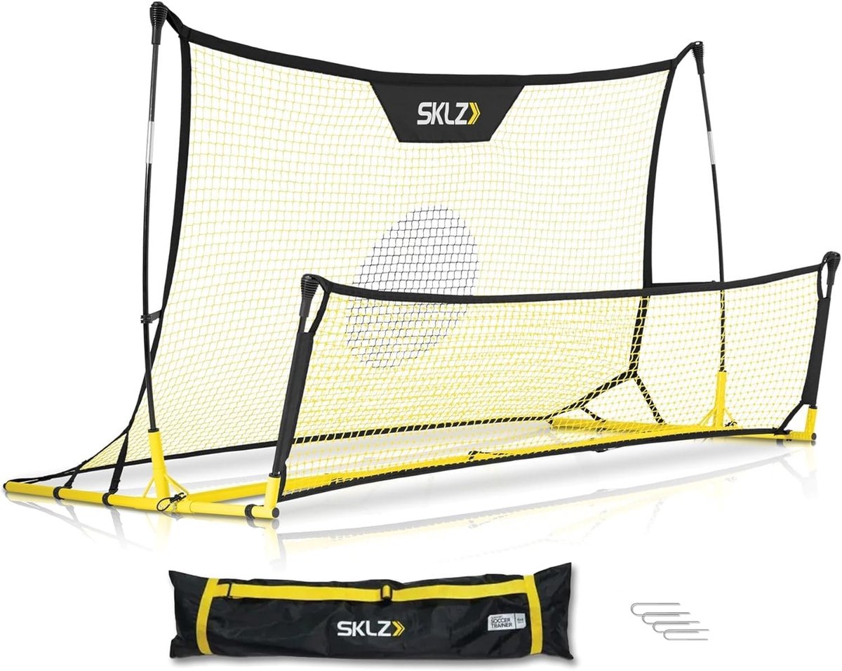 HOERFURIY voetbal reboundernet set geel 7×5 ft – dubbelzijdig trainingsnet voor solo oefeningen, verstelbaar metalen frame met haringen en draagtas