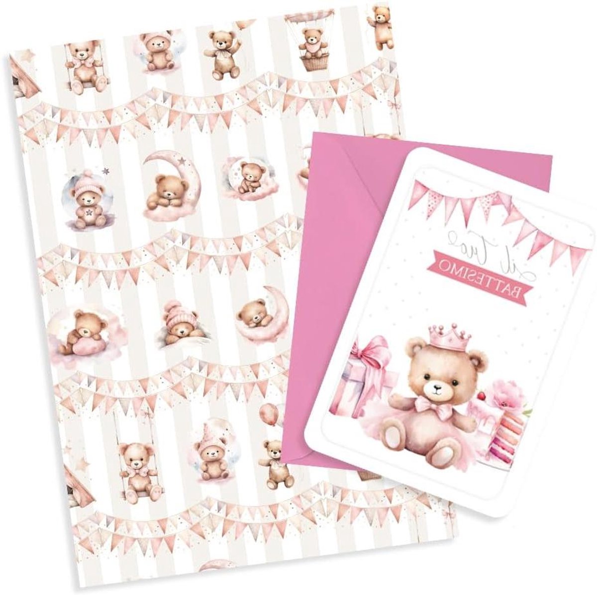 Doopset met kaart - Cadeauset doop - Cadeau versieren - Gecoördineerd thema - 16 x 12 cm - Roze beer