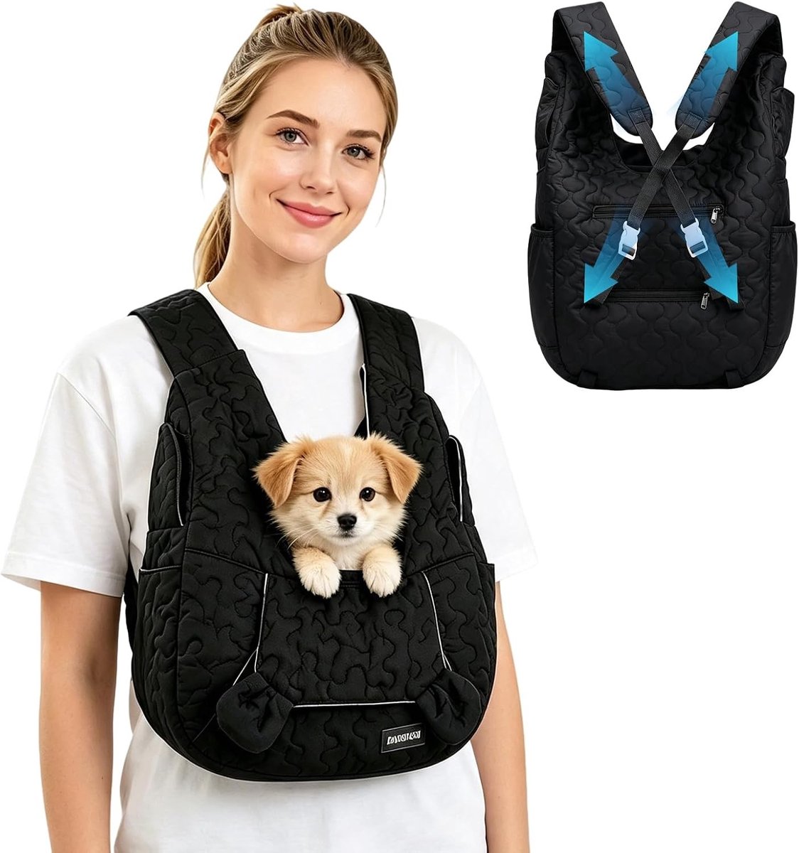 Fietsmand hond achterop - Zwart - Geschikt voor kleine honden tot 10 kg - Ergonomische Nylon Rugzak met Veiligheidsriem