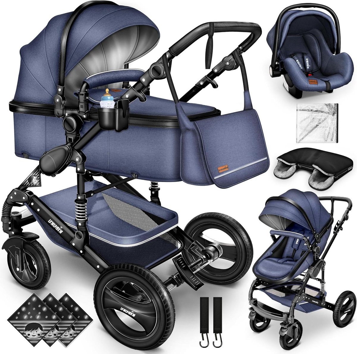 Kinderwagen Set - Combi Wandelwagen - Baby Vervoer - 3-in-1 Functionaliteit - Tot 13kg - Blauw Zwart