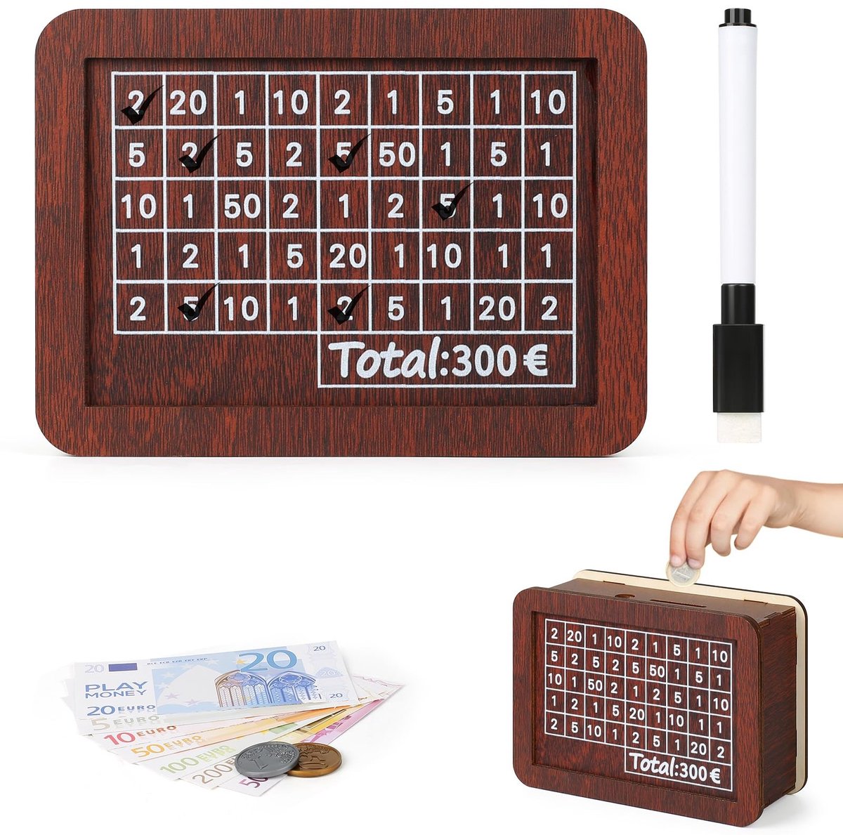 Omgoods - Spaarpot met Houten Telling voor 300 Euro