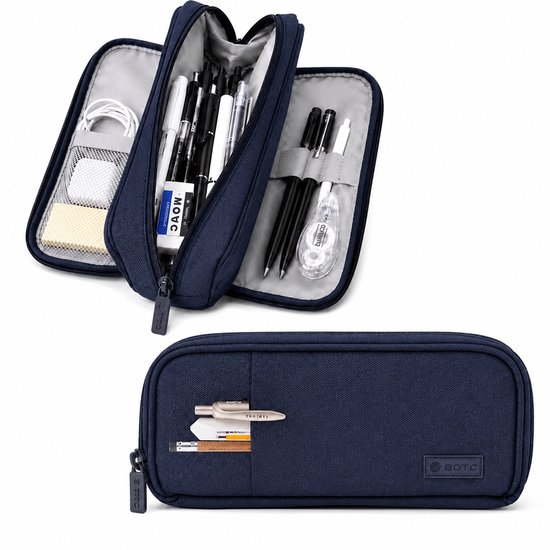Trousse bleu marine, ouverte avec stylos, crayons et une gomme, fermée avec des stylos sur le devant.