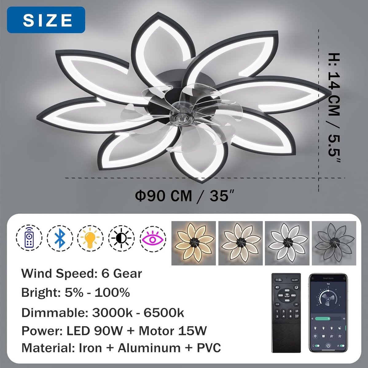 Plafondventilator met verlichting - Zwart - 90 cm - Dimbare LED en 6 Snelheden - Voor Woonkamer en Slaapkamer