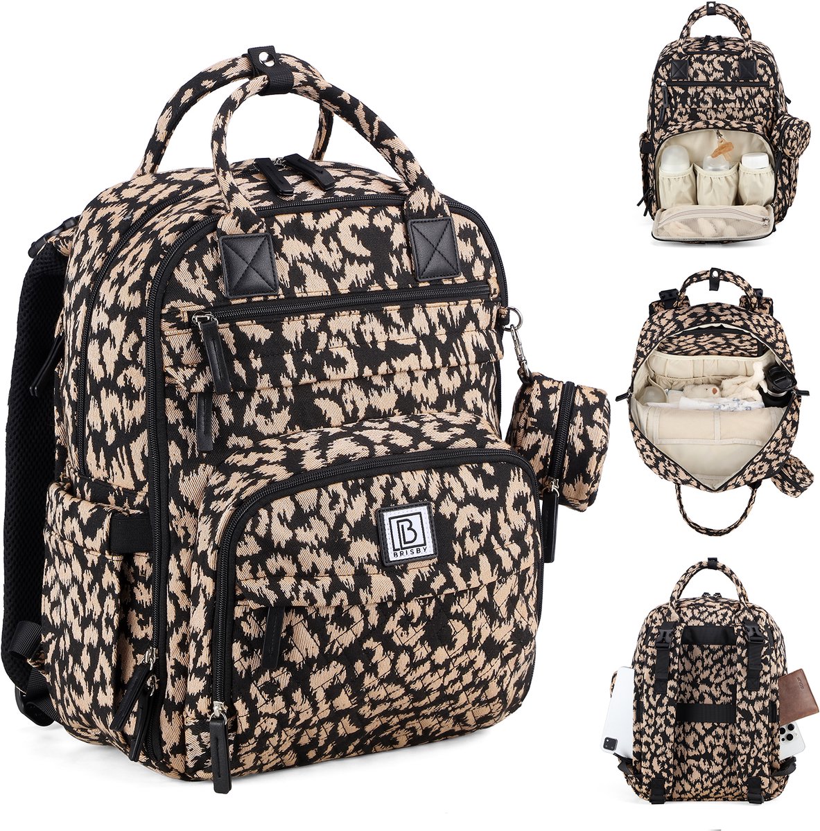 Brisby Premium Luiertas – Uitgebreide en Functionele Verzorgingstas – met buggymontage – Anti Diefstal Vakken - Reistrolley Sleeve - Inclusief verschoonmatje t.w.v.15,99 euro en speenhouder - Levenslange Garantie - Leo