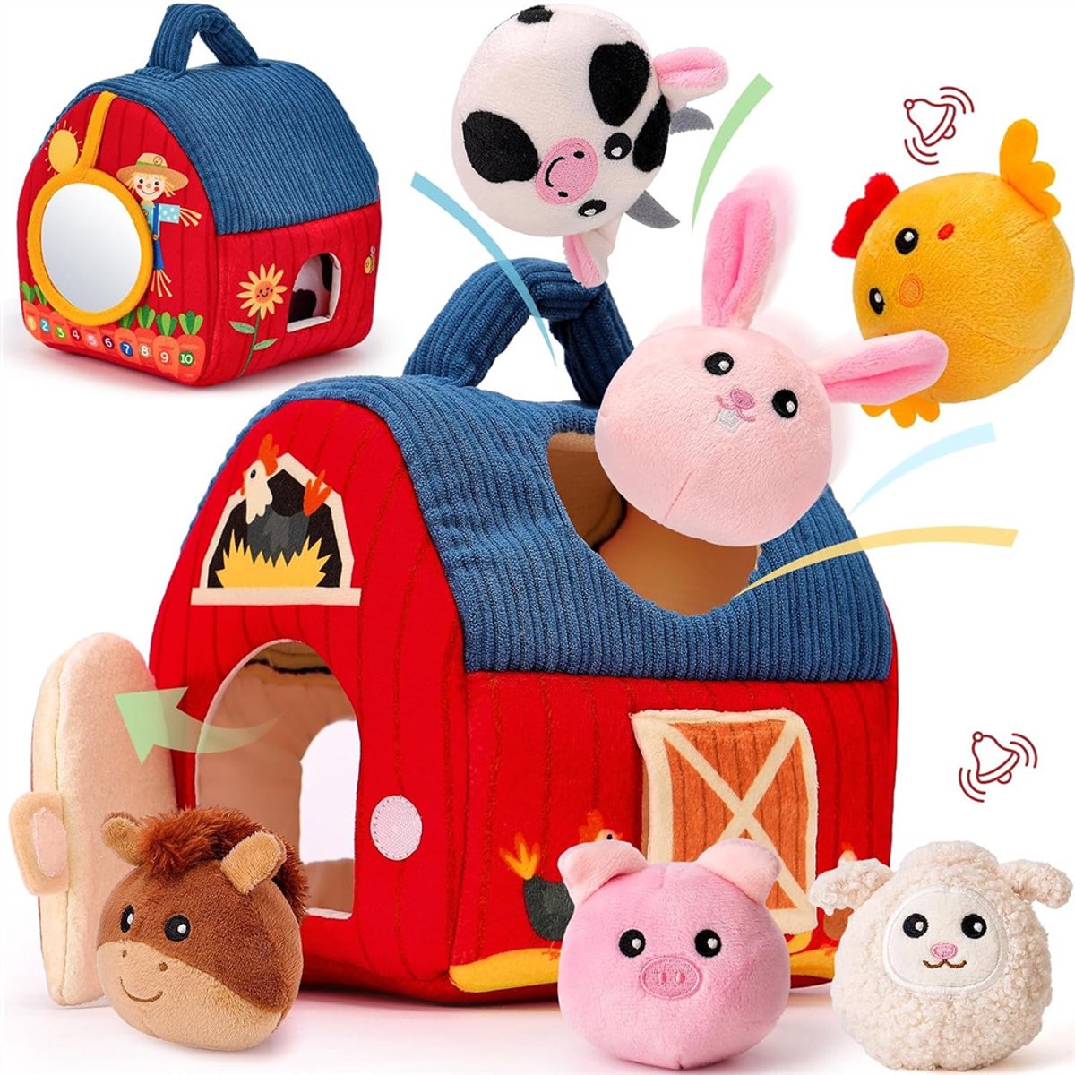 Baby Speelgoed 6-12 maanden - 7-in-1 Sensorisch Pluche Speelgoed met Stal en 6 Dierenvriendjes - Montessori Speelgoed met Boerderijdieren - Ontwikkel de Fijne Motoriek – Knisperboekje voor Baby's – Cadeaus voor Kinderen van 1 tot 3 jaar