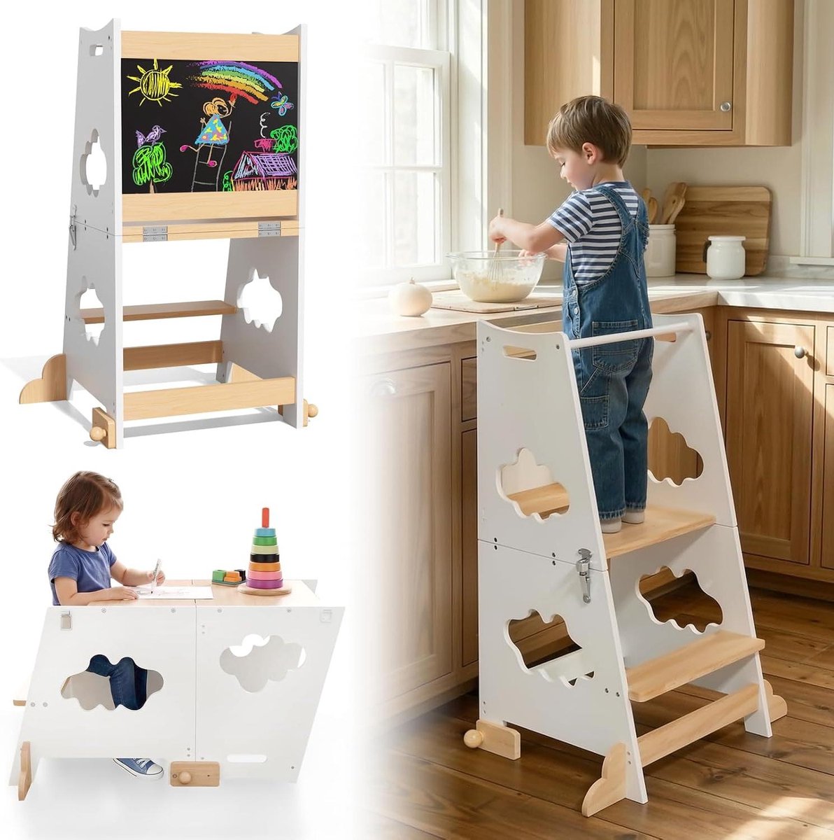 Leertoren Montessori - Kinderkrukje Hulp - Keuken Hulp - 3-in-1 Converteerbaar - 46 cm Hoog - Wit