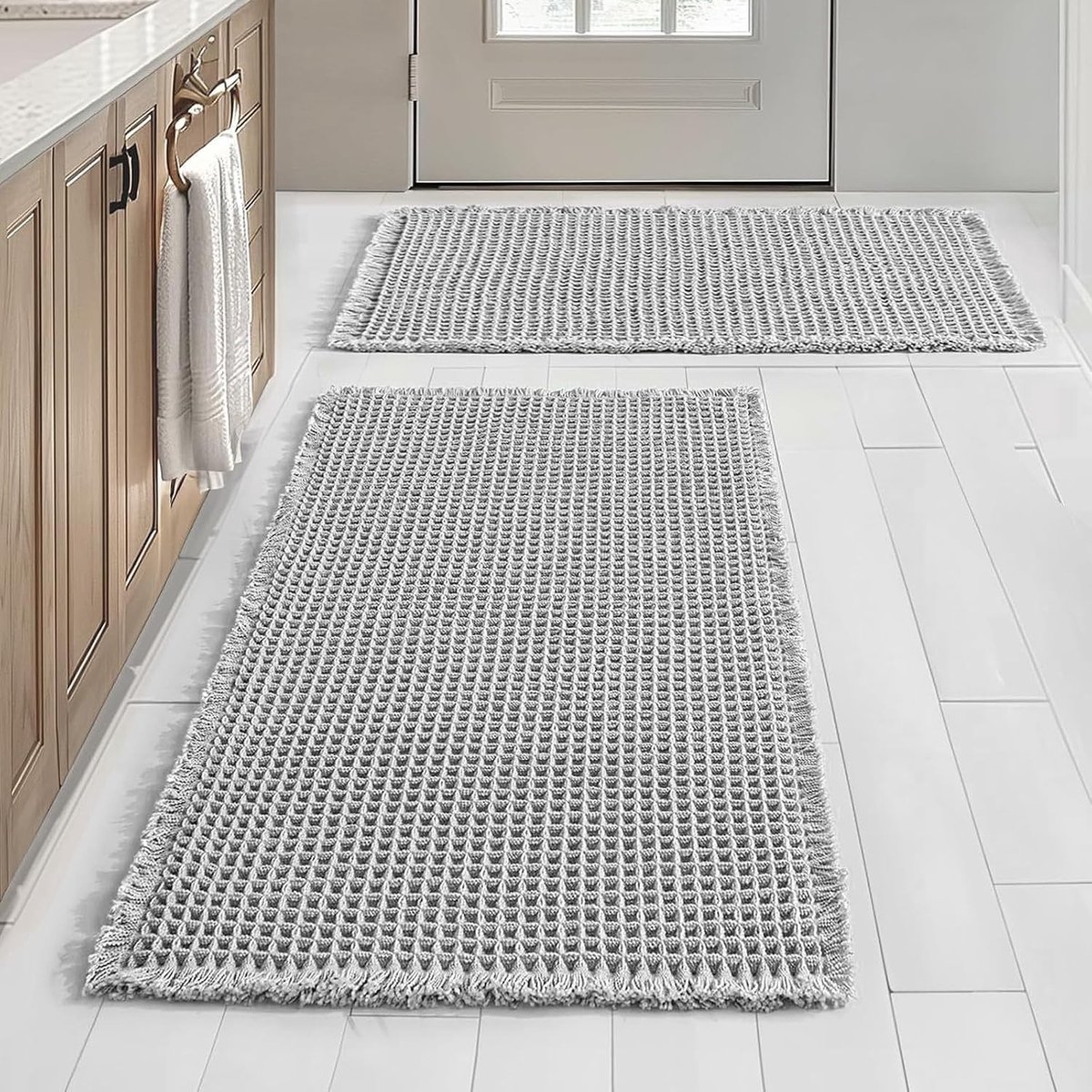 Badkamertapijtenset 2-delig, antislip en wasbare boho badmatten voor badkamer en badkuip, lichtgrijs