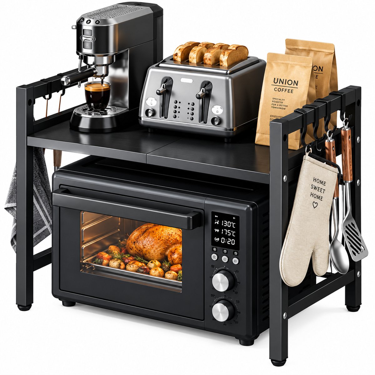 DPLUNIQ Organizer - Keuken organizers - Keukenrek - Magnetronkast - 42-64cm - Ijzer - Incl. 6 haken - 60x36x46cm - 2,3kg - Zwart