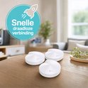 Drie witte, ronde wifi-routers op een houten tafel, met 'Snelle draadloze verbinding' en een raket-icoon.