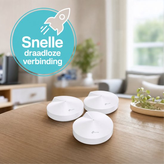 Drie witte, ronde wifi-routers op een houten tafel, met 'Snelle draadloze verbinding' en een raket-icoon.