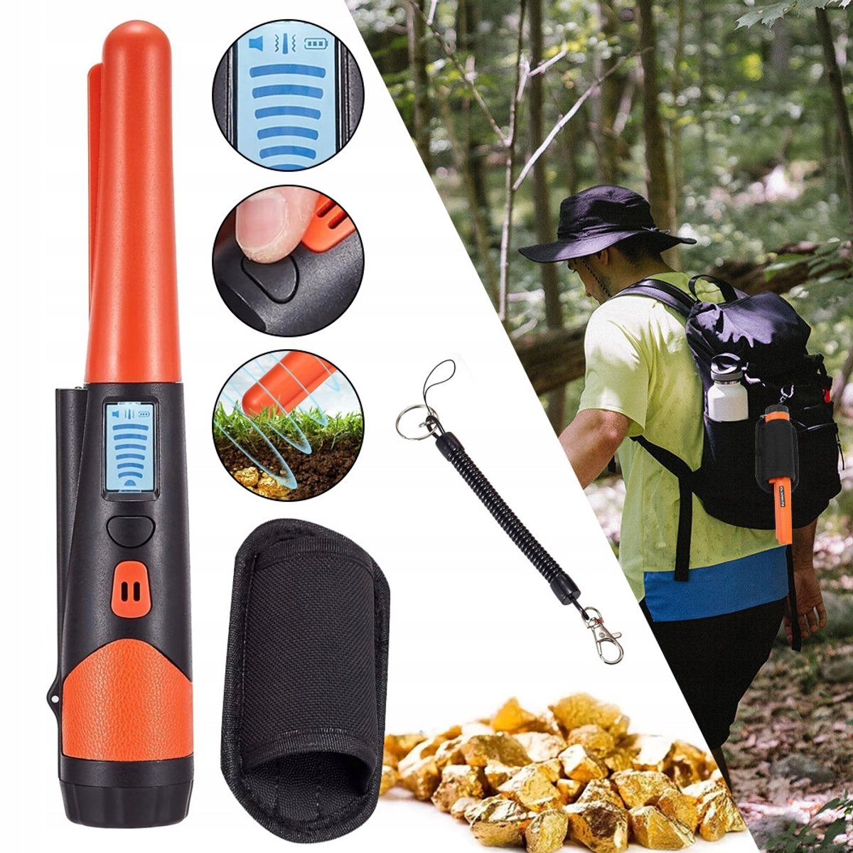 Handzame Metaaldetector Met Pinpointer Functie - Waterdicht Tril-/Geluidsalarm LED-Lampje Zijwaartse Scanpunt En Schraapblad - 9V 20 Uur Batterijduur - Rood
