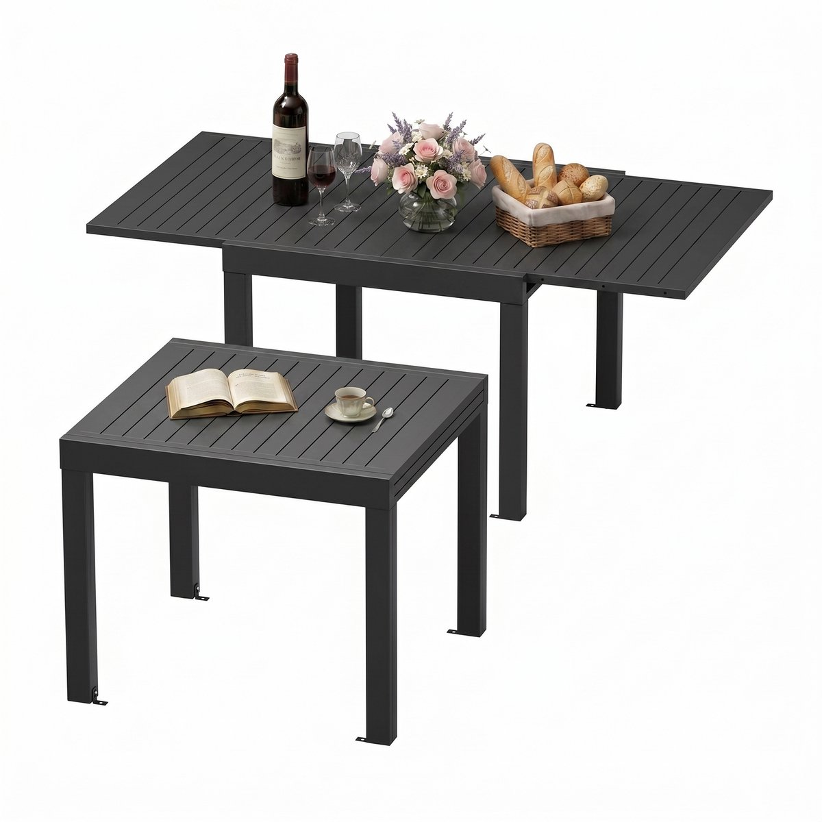 Devoko Tuintafel van aluminium - uitschuifbare - verstelbare tafelpoten - 80/160 x 80 cm - 4-8 personen - 200KG - antiroest, waterdicht, krasbestendig, lichtgewicht en gemakkelijk mee te nemen - uittrektafel voor tuin-terras -Donkergrijs