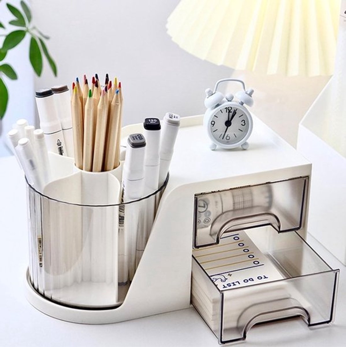 Bureau-Organizer 360° Draaibaar - Bureau Organizer met 2 Laden - Tafel Organizer - Multifunctionele Organizer - Geschikt voor School/Kantoor - 4 Vakken - Tafelorganizer