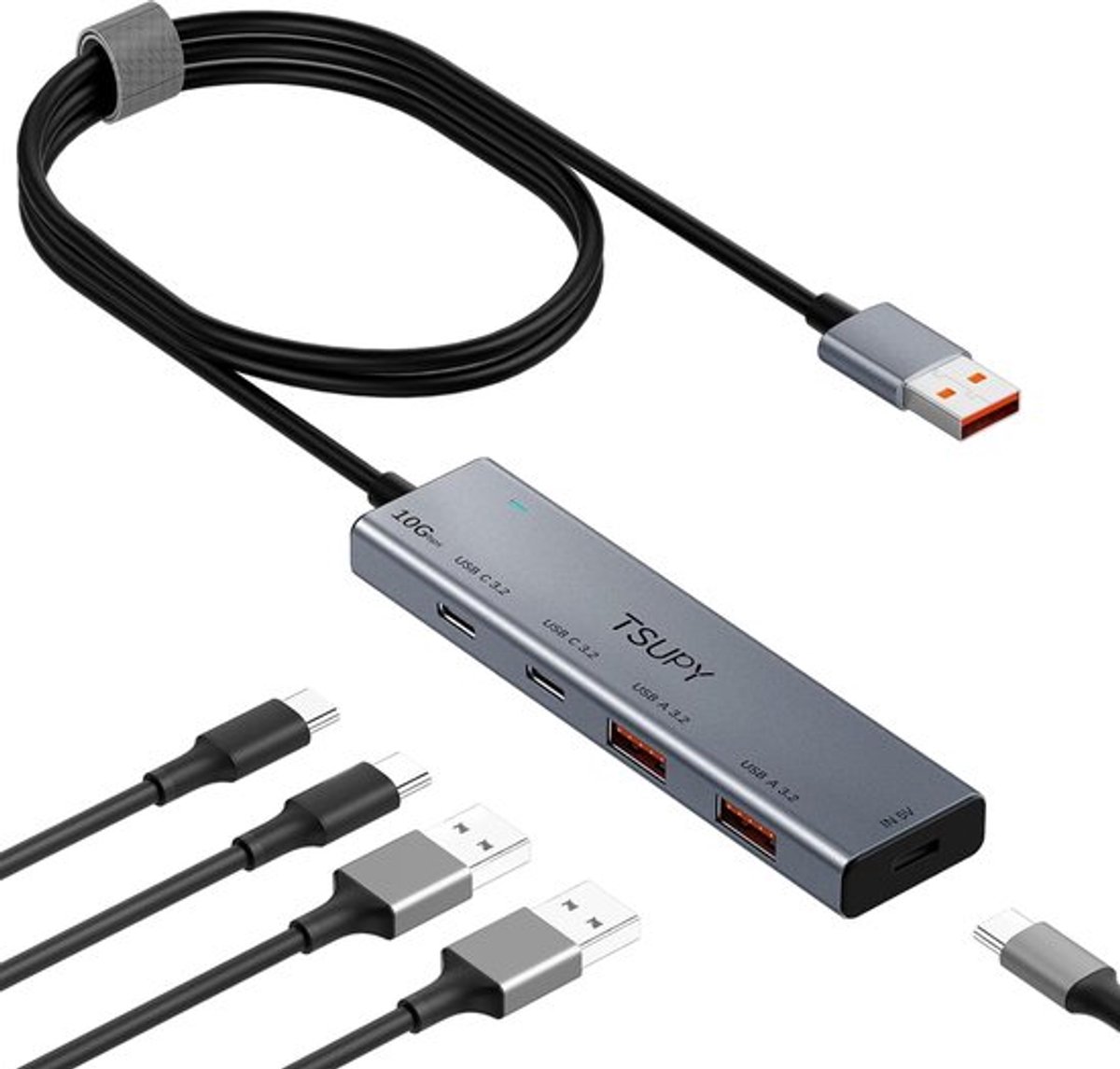 SnelShoppen - 10 Gbps USB A naar 2 x USB-A en 2 x USB-C poorten, Type C (5V) met 120cm kabel voor snelle dataoverdracht, ideaal voor kantoor, thuisgeb
