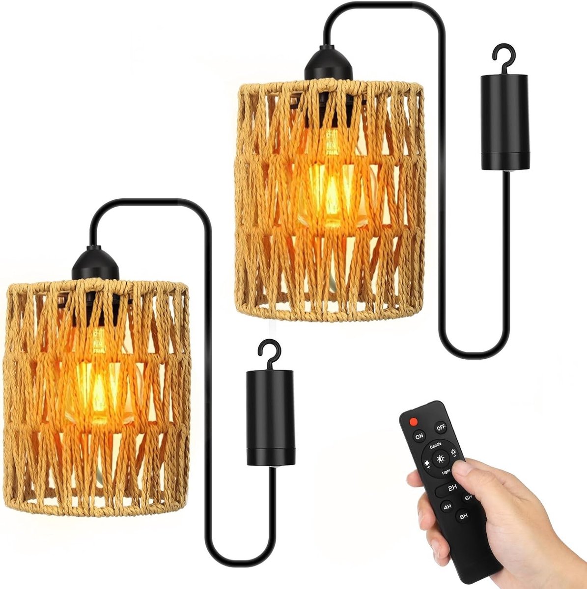 Hanglamp - Beige - 12 x 12 x 15 cm - Dimbare Rattan Lamp met Afstandsbediening - Voor Binnen en Buiten