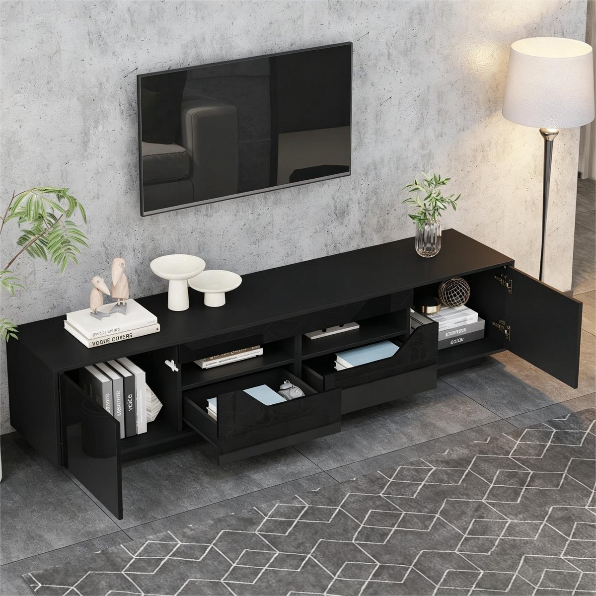 Pugsdrly 180*40*45 cm staande tv-kast, lowboard met 2 lades en 2 kastjes, hoogglans tv-kast met led-verlichting, tv-meubel, tv-tafel, geschikt voor 75-inch tv’s, zwart