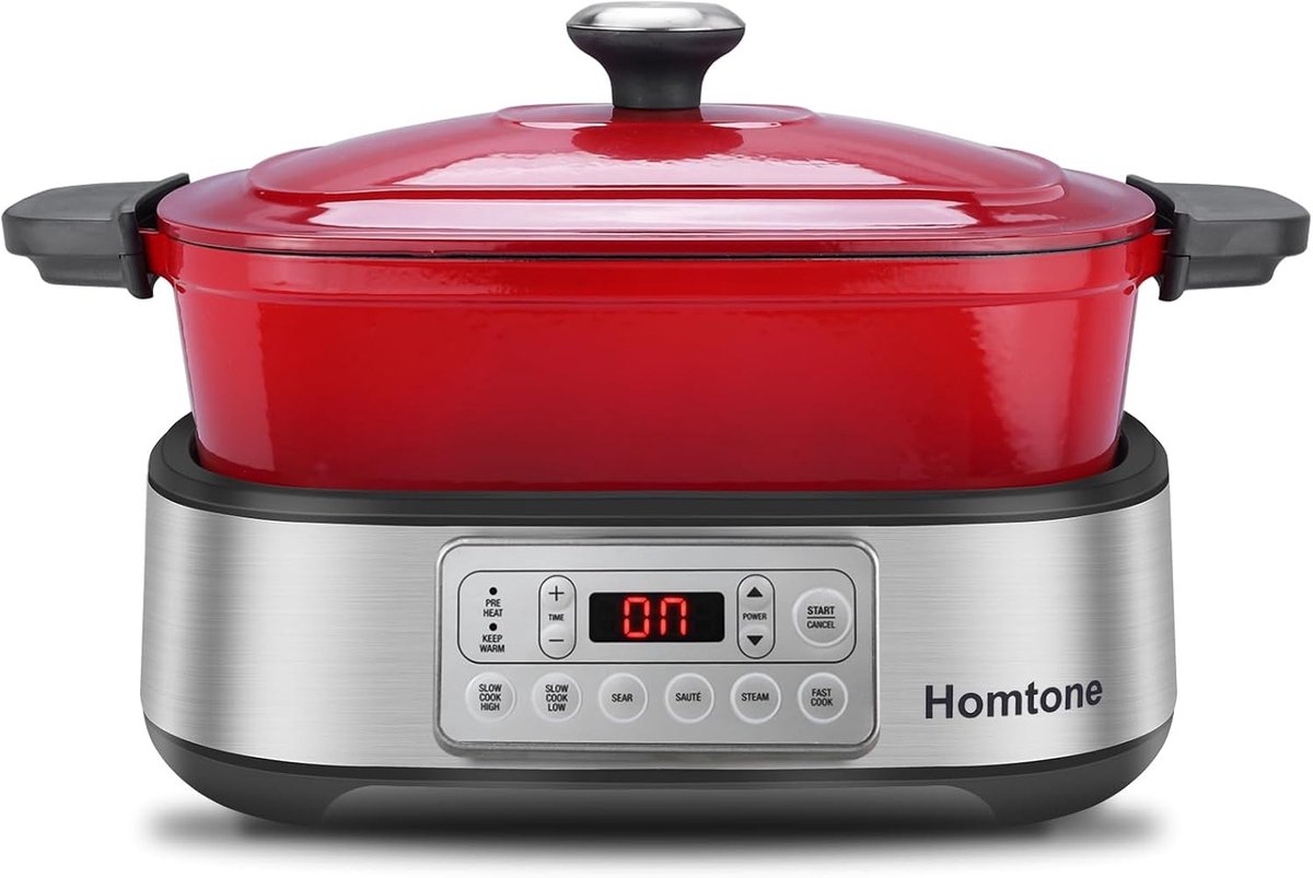 Multicooker - Rood - 5,5 Liter - Afneembare Emaille Pan met Keramische Antiaanbaklaag - Voor Langzaam Koken en Braden