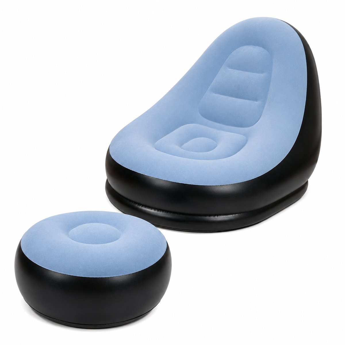 Gloovon® Opblaasbare Loungestoel & Voetenbank - Ergonomisch - Stevige Loungezetel - PVC met Flock - 125x85x100cm - Blauw & Zwart