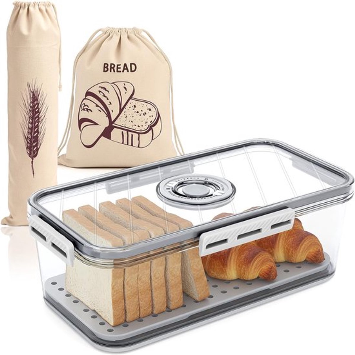 SnelShoppen - Transparante Lunchbox met Tijdsaanduiding, Luchtdichte Broodopslag voor Keuken, Inclusief 2 Linnen Zakjes (32.5 x 18 x 11 cm)