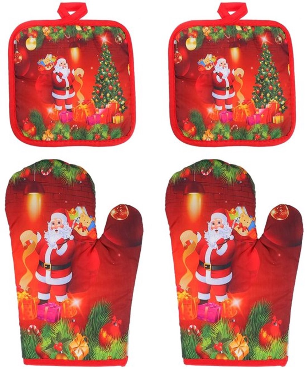 Kerstovenwanten 4 stuks - Hittebestendige Pannenlappen - Ovenhandschoenen voor Koken - Grappige Keukenhandschoenen - Magnetronhandschoenen - Keuken Hot Pads