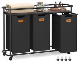 Jensaro Wasmand met 3 Compartimenten en Wielen - 150 Liter - Waskar met Bovenplank - Stalen Frame - Draagvermogen 44kg - Zwart