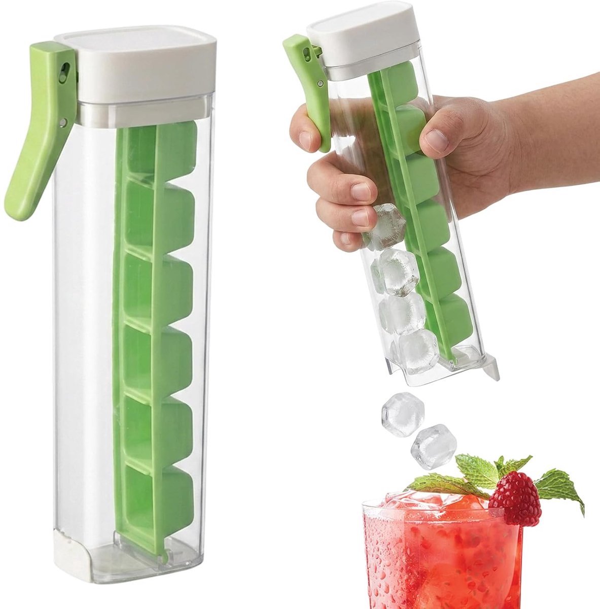 ijsblokjesvorm met handvat en drukmechanisme voor bediening met één hand, draagbare glazen ijsmachine, geschikt voor thuis, keuken en kantoor, groene ijsblokjesmachine voor één kopje