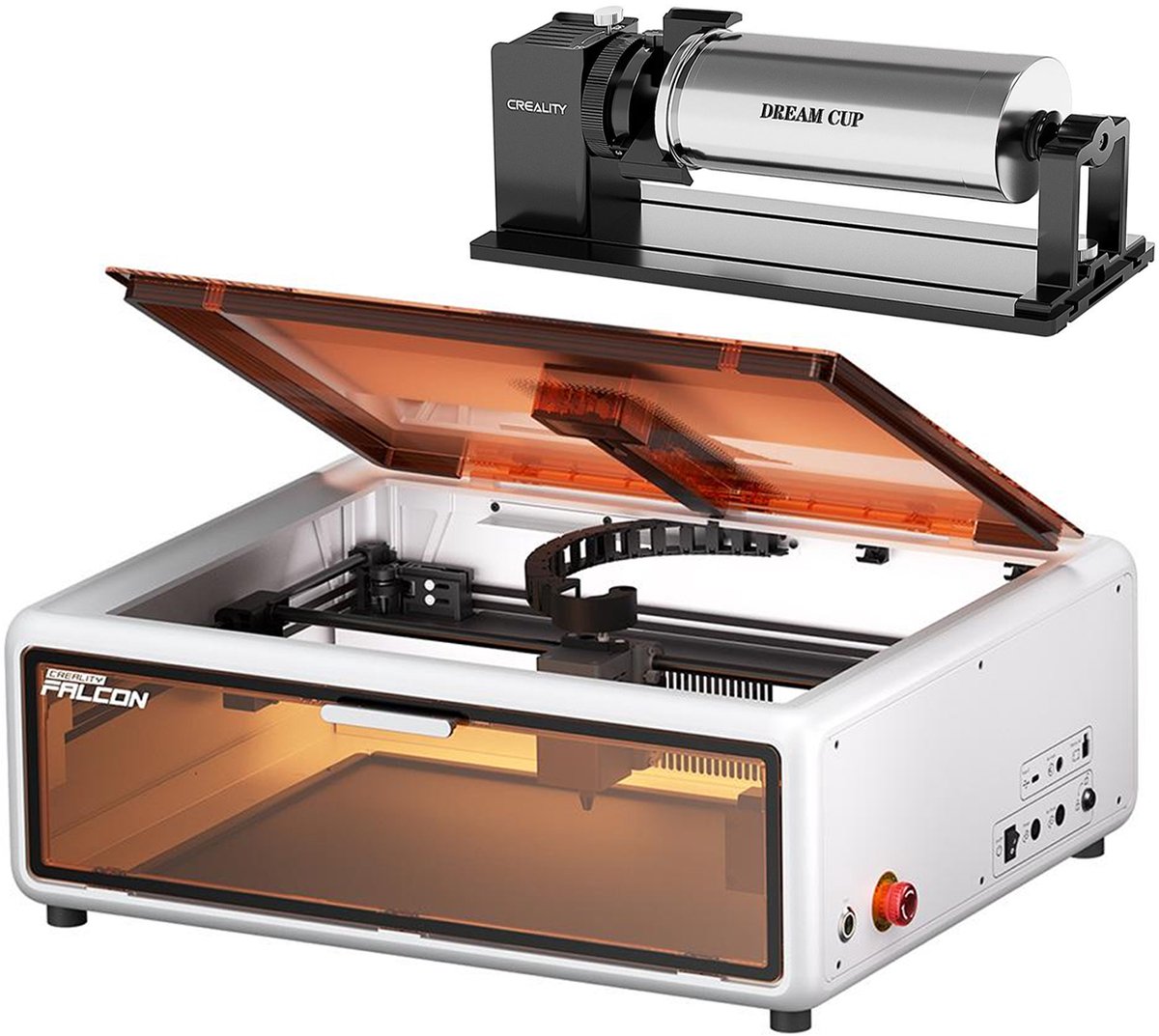 Creality Falcon A1 10W Lasergraveermachine - 600mm/s-0,06mm precisie-camera & materiaaldetectie + A1 Roterende Module 3‑in‑1 Laser Rotary Kit voor bollen-ringen-cilindrische objecten Zwart