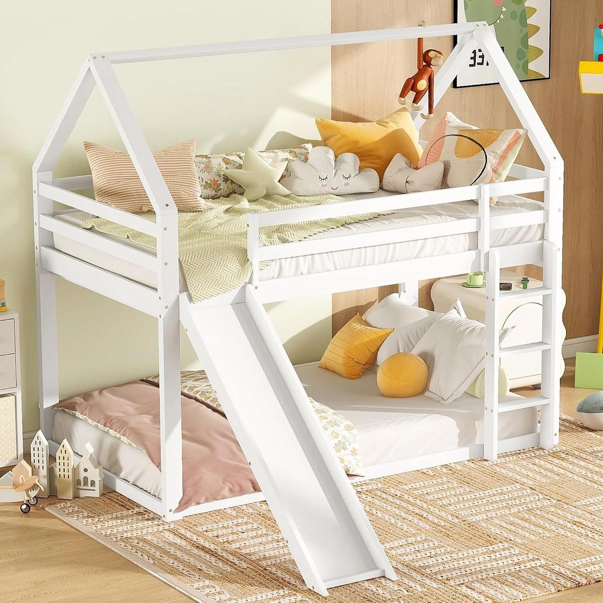 Huisvorm Stapelbed - Kinderbed met Glijbaan - Spelen en Slapen - Verwisselbare Ladder en Glijbaan - 90x200 cm - Wit