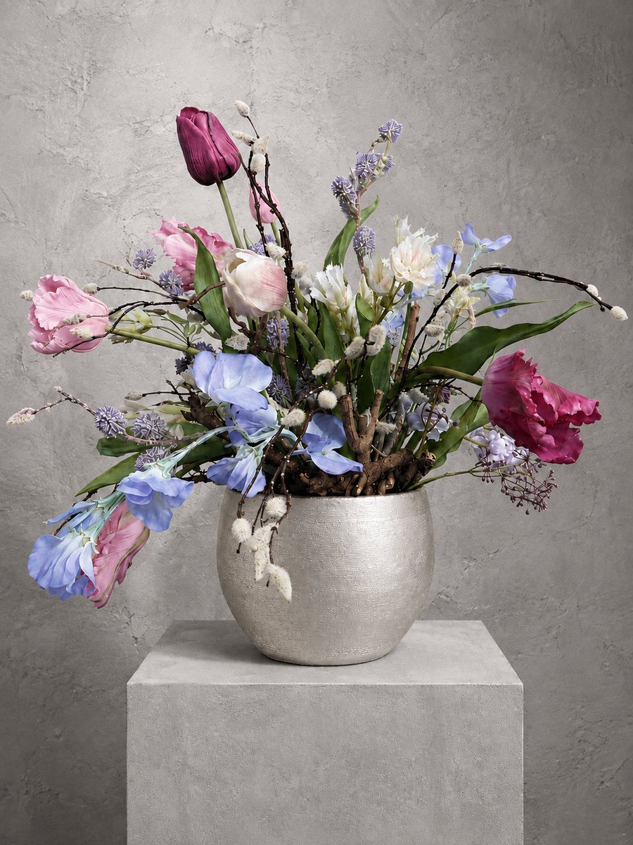 Seta Fiori Kunstboeket Tulpen met Vaas - Real Touch Tulpen - Handgemaakt - 55 cm - Seta Fiori Zacht blauw en roze