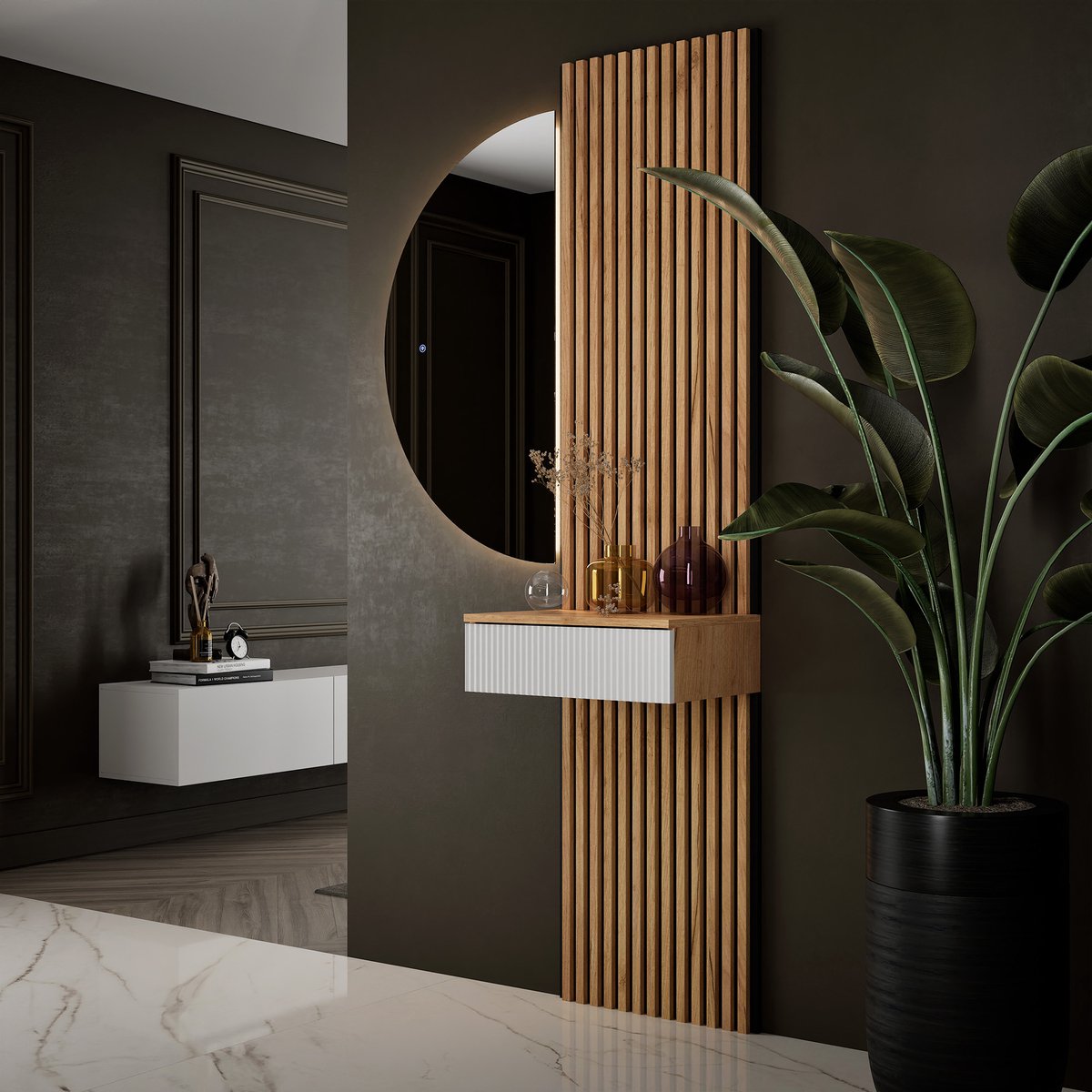 Planetmöbel AMYRA Garderobeset 50 cm – Goud Eiken/Wit – NIVORA LED Spiegel – 2 Akoestiekpanelen – Wandhangend