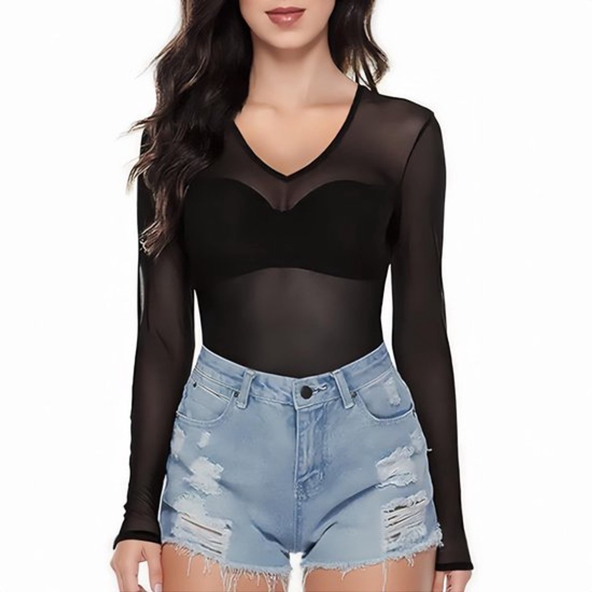 Top met lange mouwen - Transparant - V-hals - Mesh - Slim fit - 100% polyester - Comfortabel en ademend - Blouse