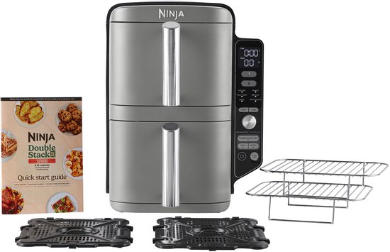 Grijze Ninja dubbele heteluchtfriteuse, inclusief accessoires en een receptenboekje.