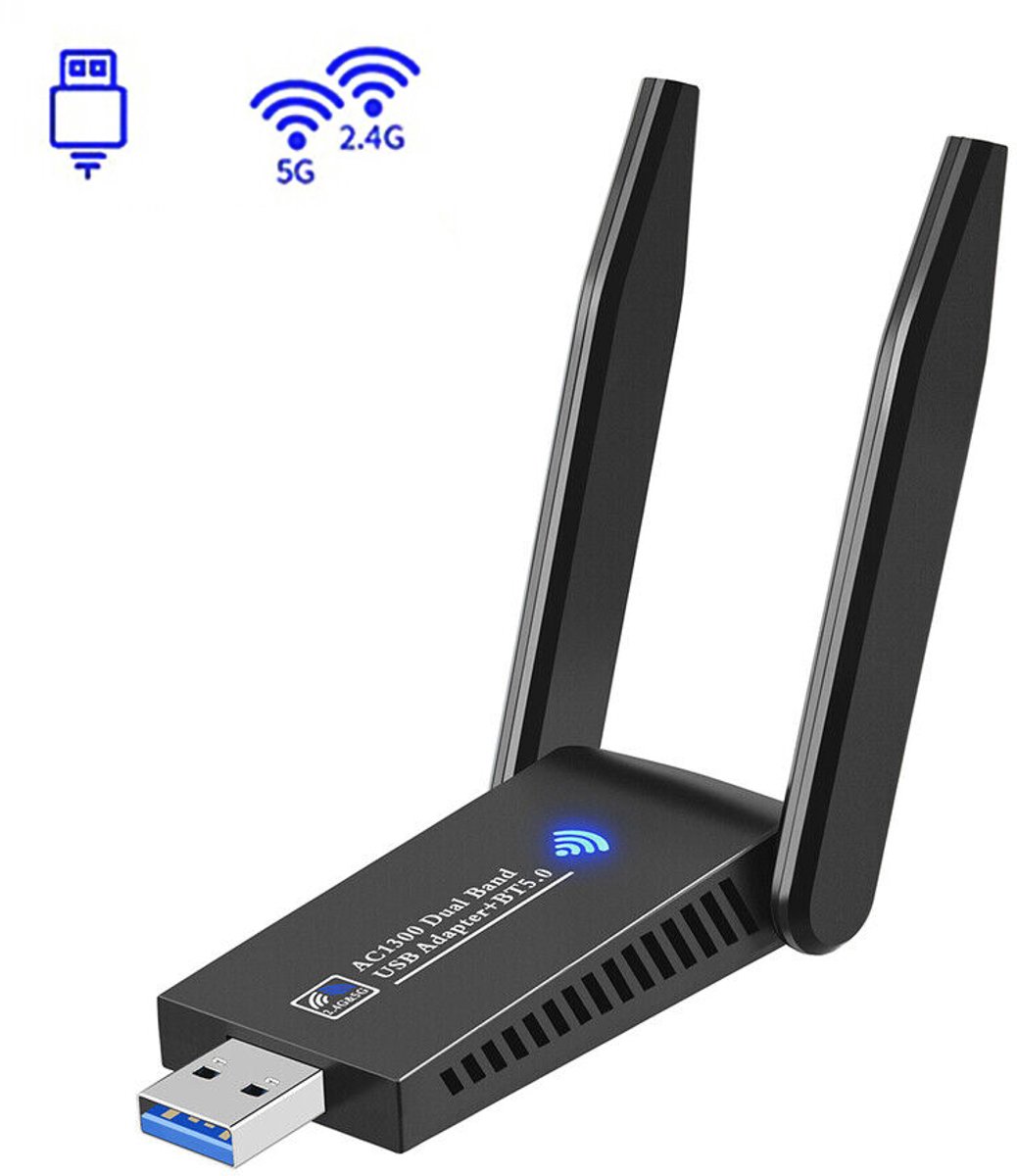 WLAN-adapter - USB draadloze netwerkkaart - 1300 Mbps dual-band wifi - 2-in-1 - WiFi USB-adapter - WiFi-ontvanger