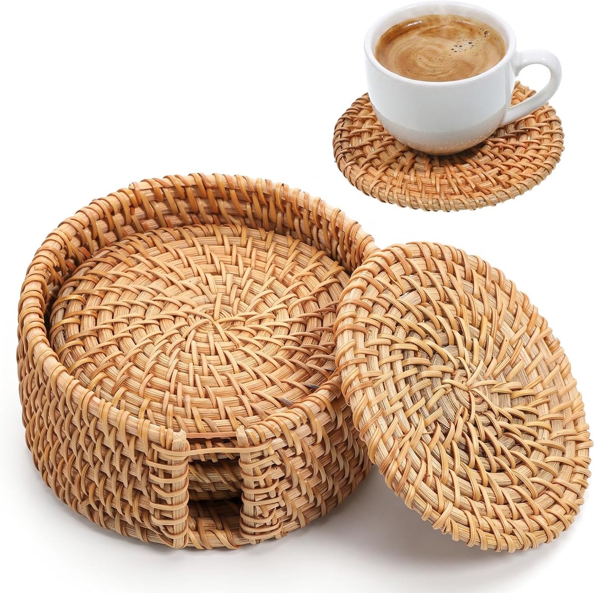 6 Rieten Onderzetters met Houder - Geweven Rotan Glasonderzetters - Boho Woondecoratie - Set van 6