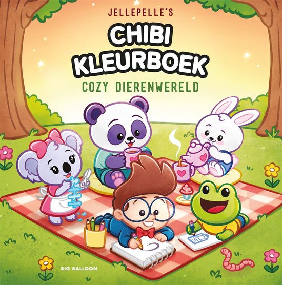 Jellepelle's Chibi Kleurboek: Cozy Dierenwereld. Een panda, konijn, koala, kikker en jongen op een picknickkleed.