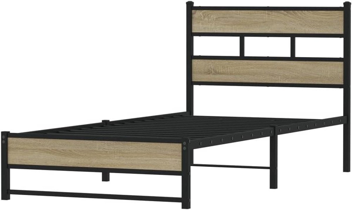Bedframe - Metalen frame - Slaapkamer inrichten - Robuuste constructie - 75x190 cm - Sonoma eiken