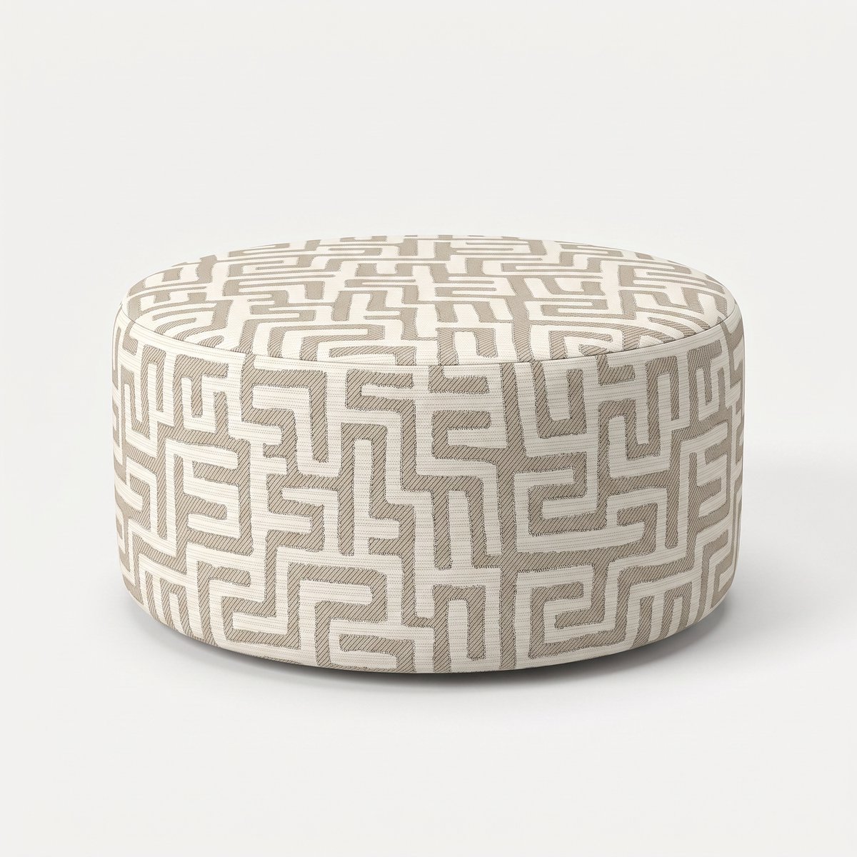 Mörgenn Poef Maze Lin Beige - Ronde Poef en Voetenbank - Jacquard Labyrint - 70x70x40 cm
