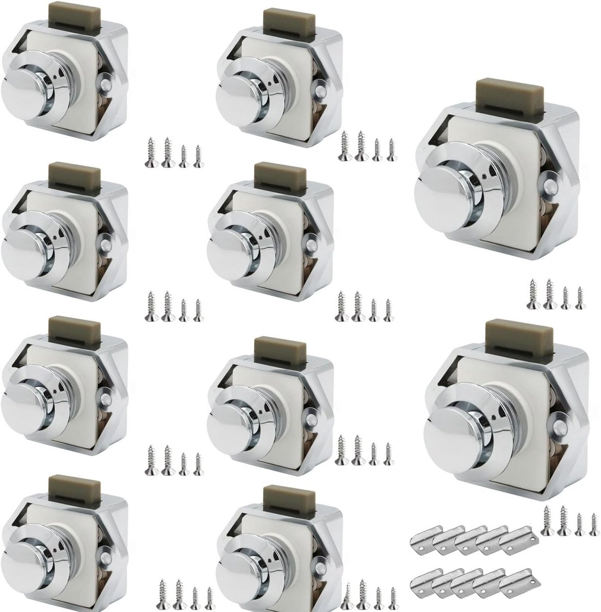 Push Lock Button Catch Set van 10 Stuks met Schroeven en Slotplaat voor Motorhomes, Yachts, Boten en Campers - Ideaal voor Caravan en Kastbeveiliging