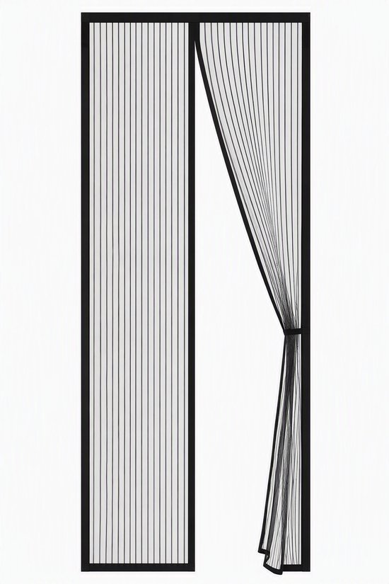 Un rideau anti-moustiques magnétique rayé noir et blanc de 210 x 90 cm, avec une ouverture au milieu.