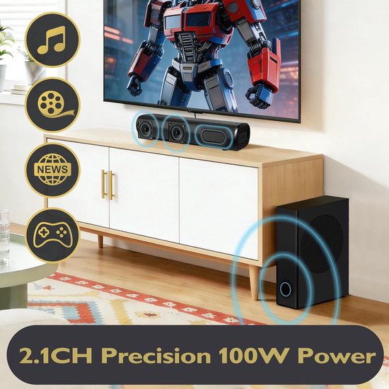 Soundbar met Subwoofer - Home Cinema Systeem - Tv Geluid Verbeteren - 100W Totaal Vermogen - 5.25 Inch Speaker - Zwart — afbeelding 2