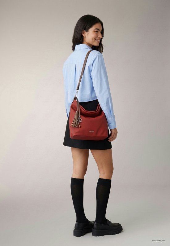 Een roodbruine schoudertas met een kwastje en een bruine band, gedragen door een model met een blauw overhemd en zwarte rok.