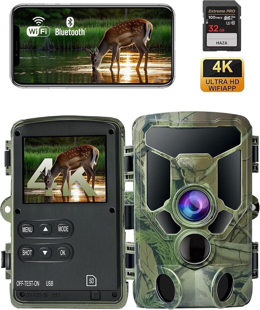 Wildcamera - Zwart - 4K UHD - Waterdicht IP66 Met Nachtzicht en Wifi - Voor Dierenobservatie en Jacht
