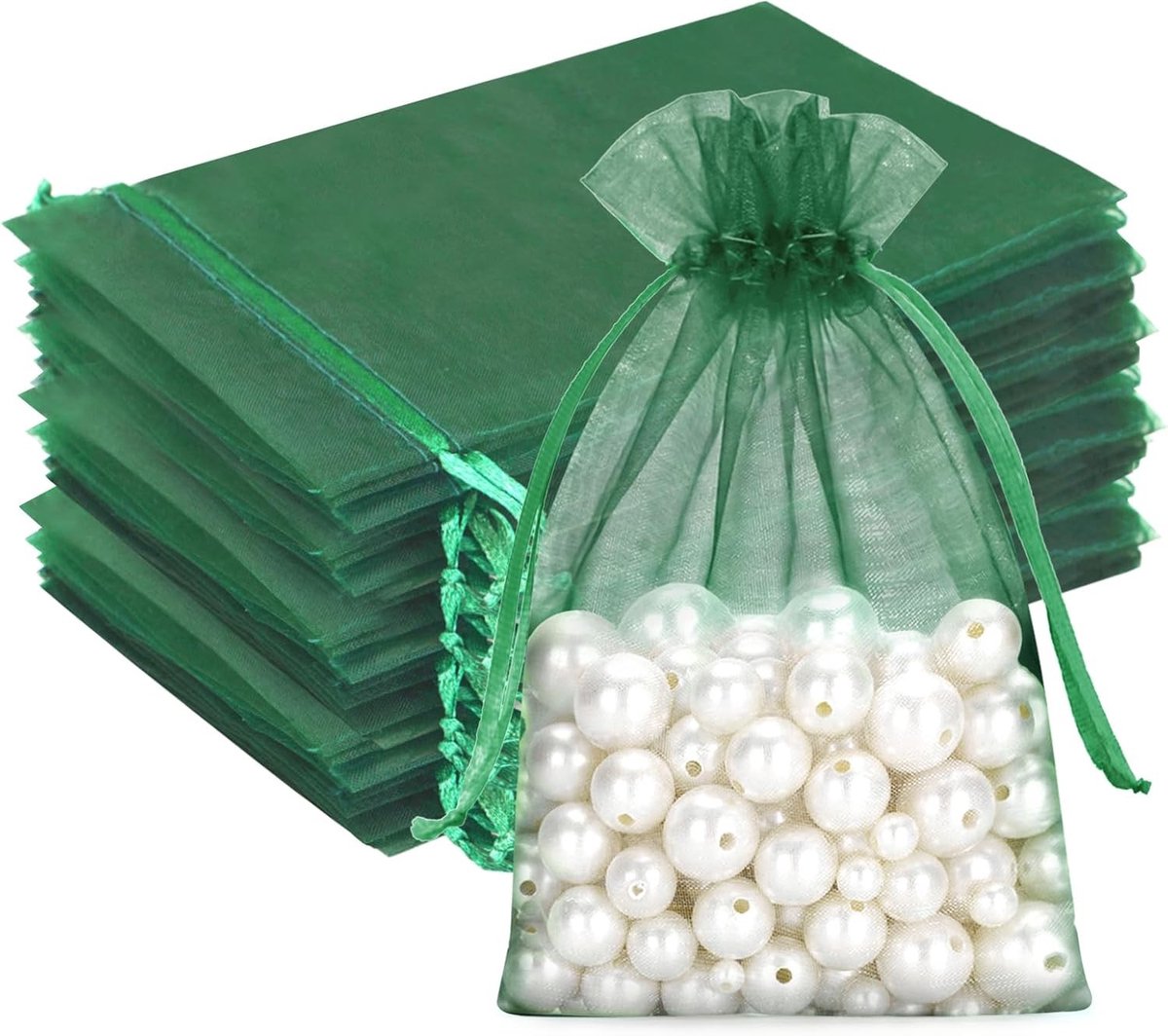 50 Donkergroene Organza Tassen 13 x 18 cm met Trektouw, Perfect voor Cadeaus, Bruiloften en Valentijnsdag