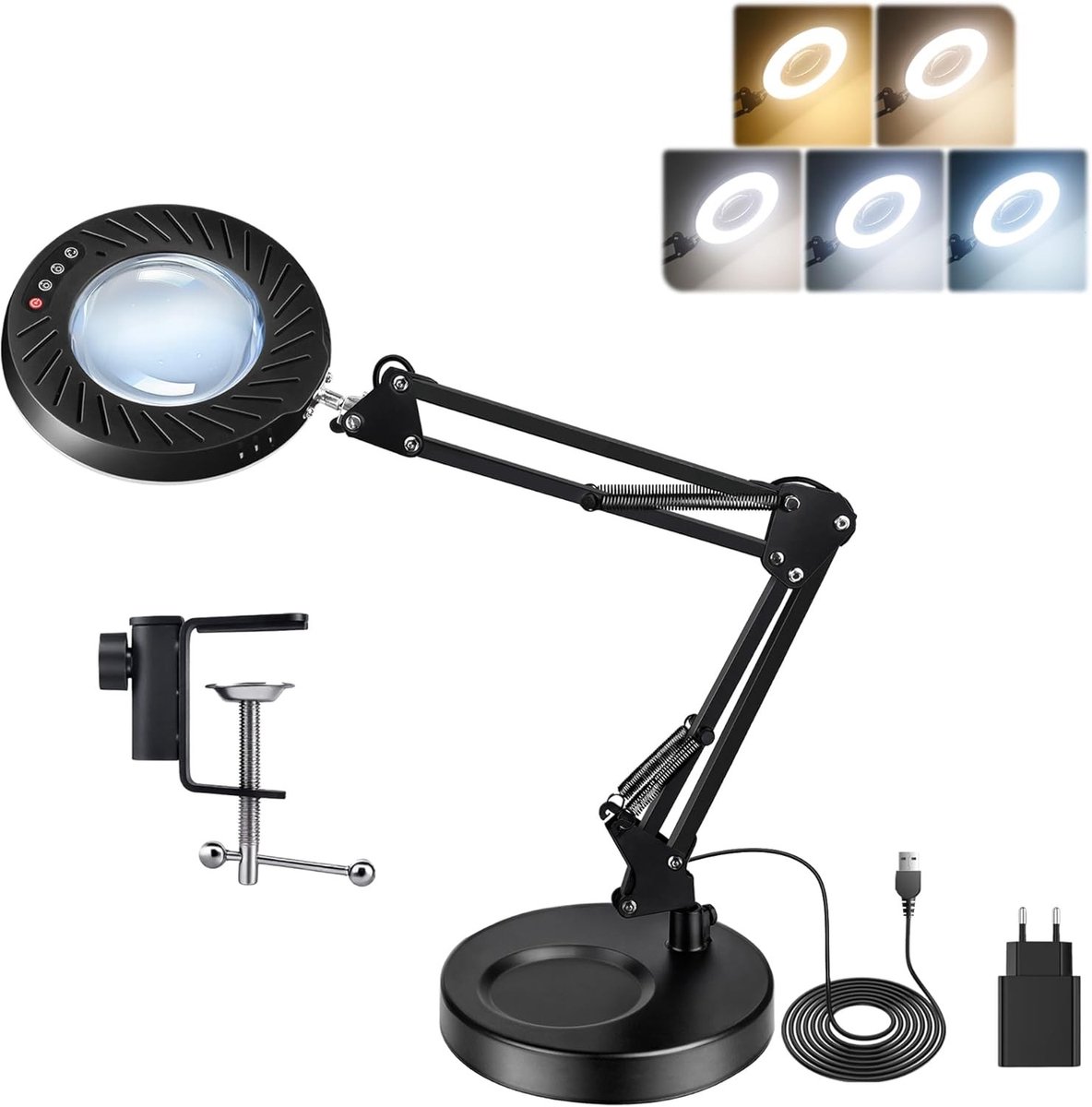 12x Vergrootglas met Licht en Statief, 2A Adapter Inclusief, 5 Kleuren, 9 Helderheidsniveaus, LED Loep voor Hobby, Schilderen en Borduren