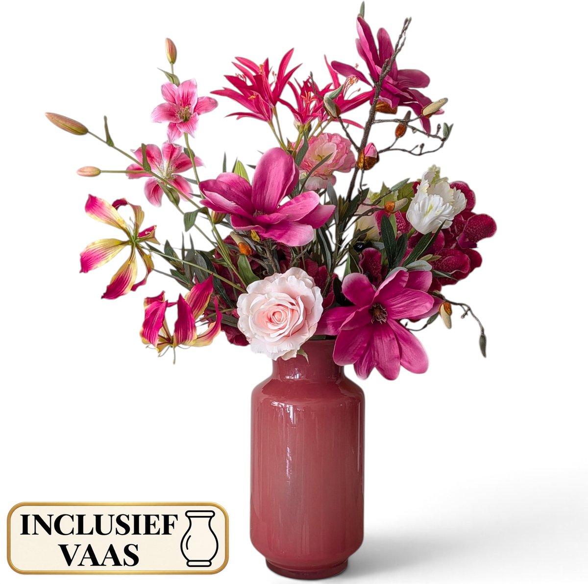 BLOOM & VESSEL Boeket Ruby – Zijden Boeket met Vaas – 90 cm – 13 Stelen – Kunstbloemen – Nepbloemen