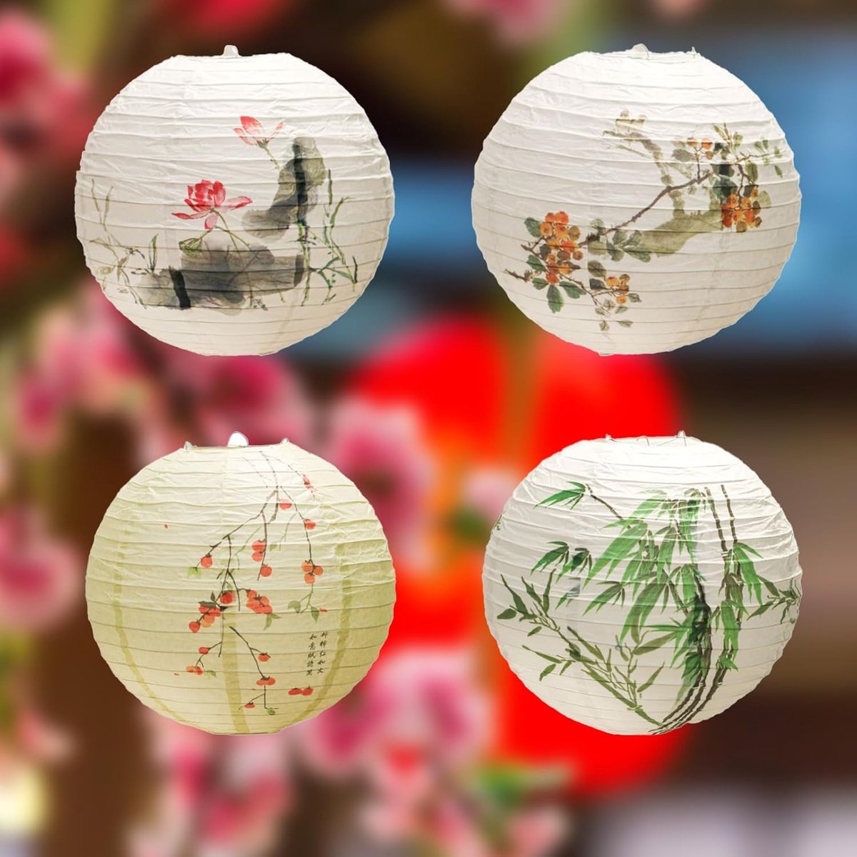 4 Stuks Gedrukte Bloemen Papieren Lantaarns Rond, Chinese Lantaarns voor Bruiloften, Verjaardagen en Tuindecoratie