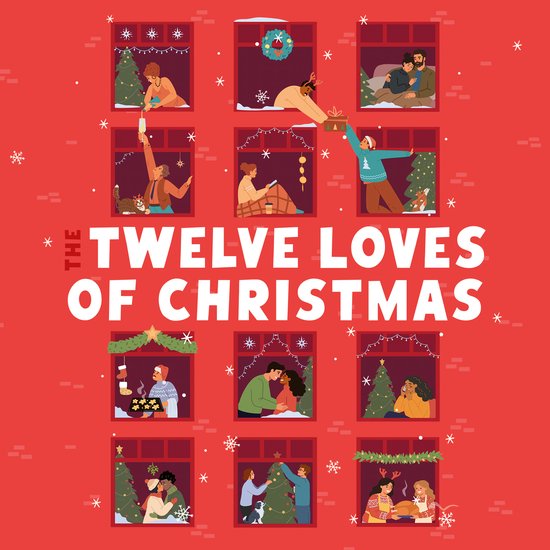 Illustratie van twaalf vensters met scènes uit 'The Twelve Loves of Christmas', met koppels en individuen die van de feestdagen genieten.